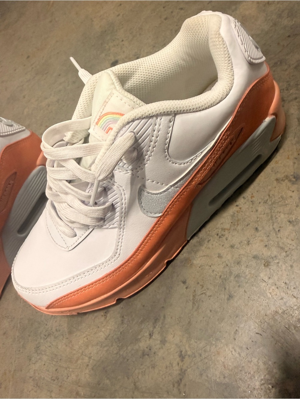 Nike AirMax 90s White and Peach Big Kids Athletic Sneakers with Rainbow Accent